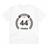 Men's white 180GSM PC cotton 44th anniversary printed half sleeve round neck T-shirt for casual occasions