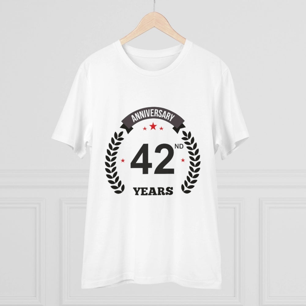White PC Cotton Men's 42nd Anniversary Printed Half Sleeve T-Shirt (180GSM) - Casual wear, round neck