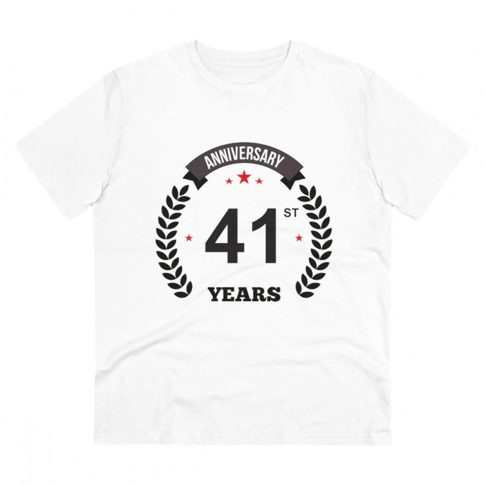 White PC Cotton 41st Anniversary Printed T-Shirt for Men on display, half sleeve round neck, 180GSM thread count