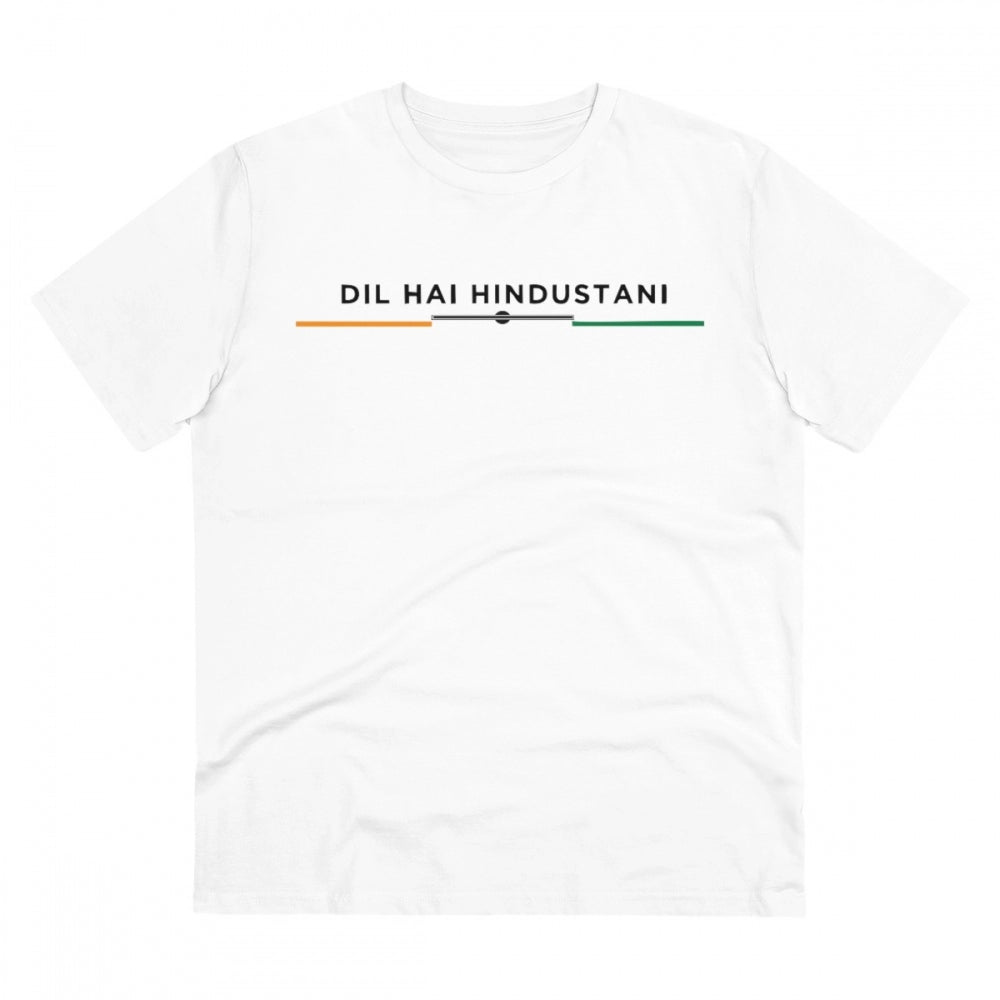 White PC Cotton Dil Se Hindustani Printed Men's Half Sleeve T-Shirt (180GSM), casual wear on model