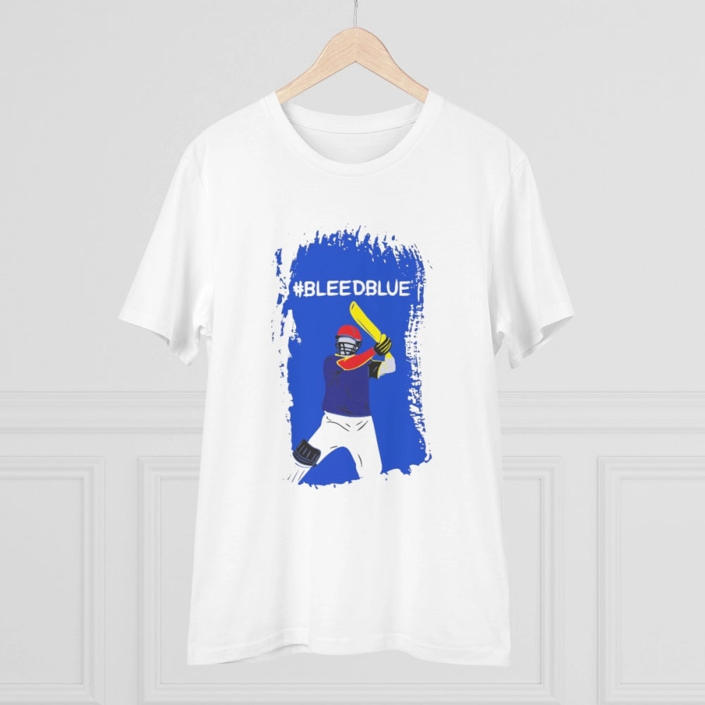 White PC cotton men's cricket design printed half-sleeve T-shirt with round neck, 180GSM thread count