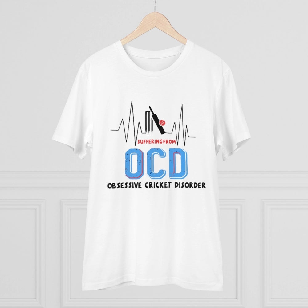 White PC Cotton cricket design men's T-shirt with half sleeves, round neck, 180GSM thread count for casual wear