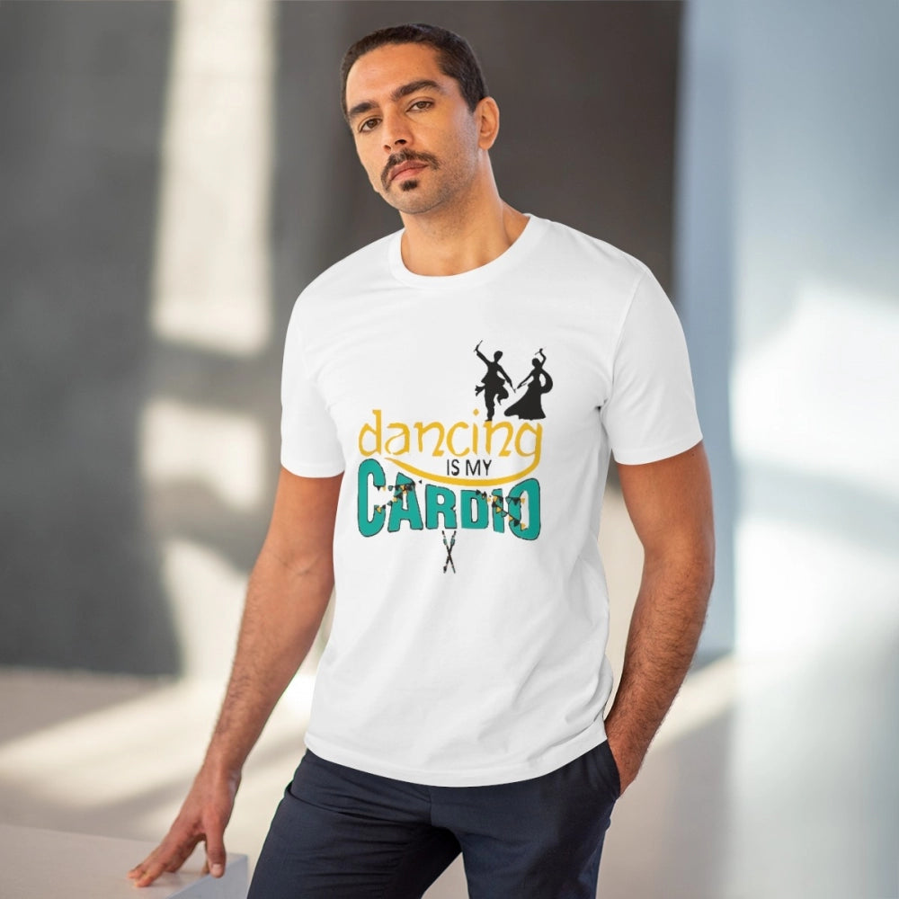 White PC Cotton Men's T-shirt with "Dancing Is My Cardio" print, 180GSM half sleeve round neck, casual wear