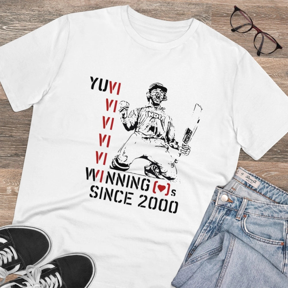 White PC Cotton Men's Cricket Design Half Sleeve T-Shirt (180GSM), casual wear on model