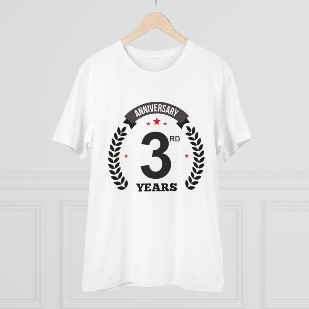 White PC Cotton 3rd Anniversary Printed T-Shirt (180GSM), half sleeve, round neck on a casual occasion