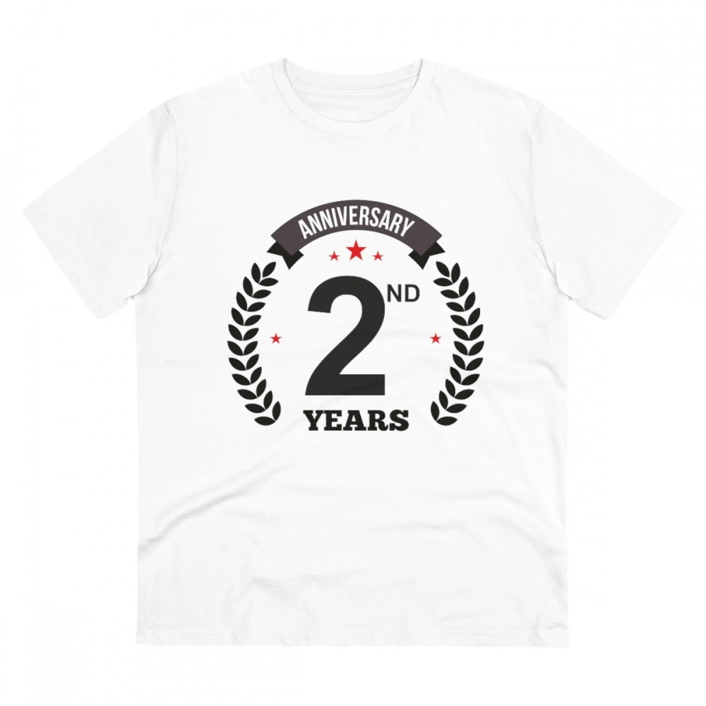White PC Cotton 2nd Anniversary Printed T-Shirt (180GSM), men's casual wear on mannequin