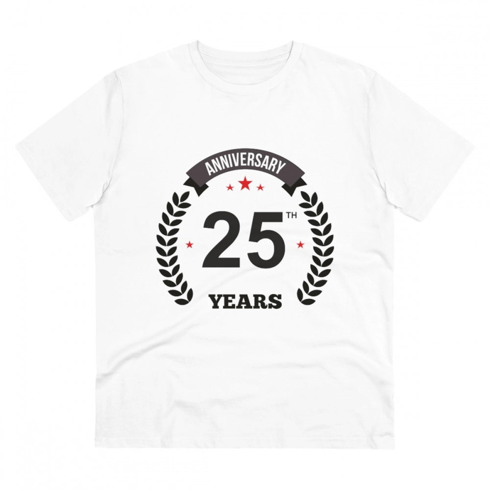 White PC Cotton Men's 25th Anniversary Printed Half Sleeve T-Shirt (180GSM) - casual occasion wear