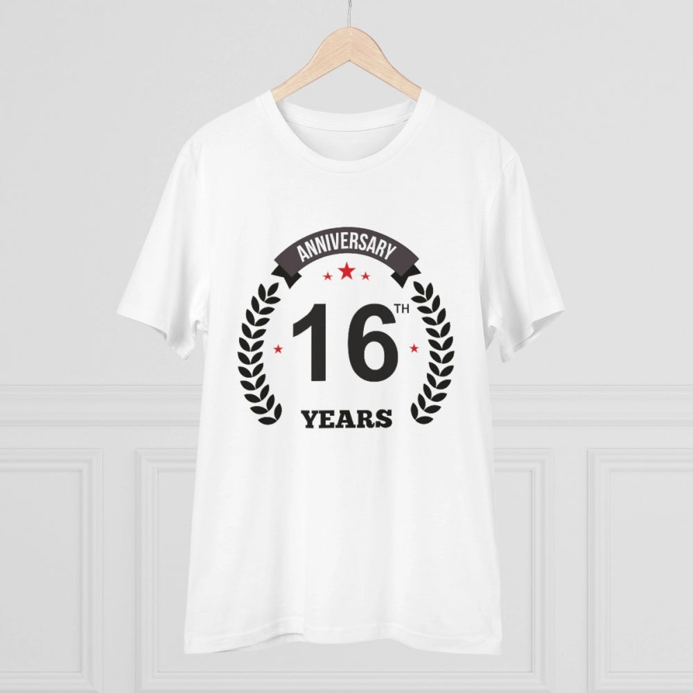 White PC Cotton 16th Anniversary Printed Men's T-Shirt with half sleeves and round neck, 180GSM thread count