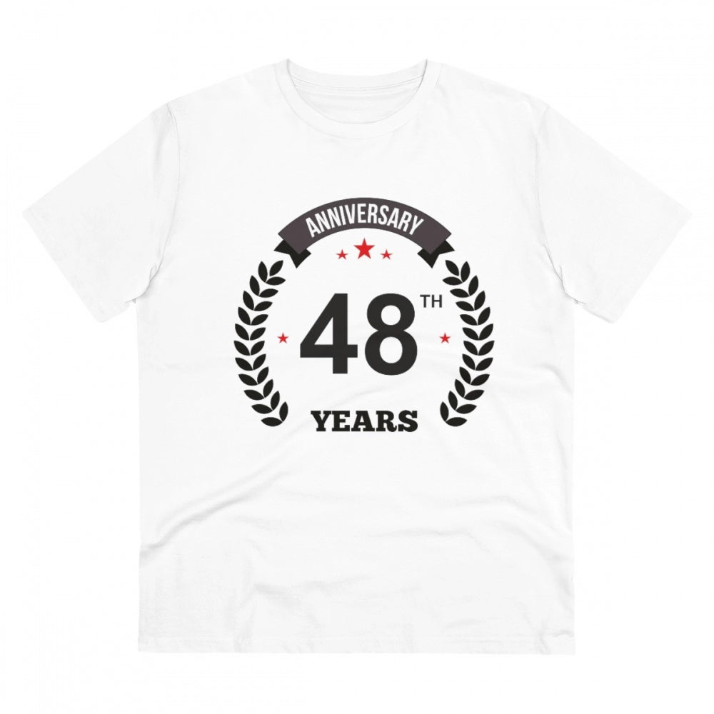 White PC Cotton 48th Anniversary Printed Men's T-Shirt, half sleeve with round neck, 180GSM