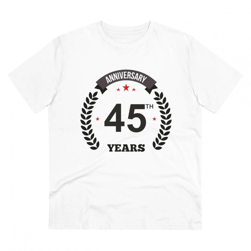 White PC Cotton Men's 45th Anniversary Printed Half Sleeve T-Shirt, round neck, 180GSM thread count for casual occasions