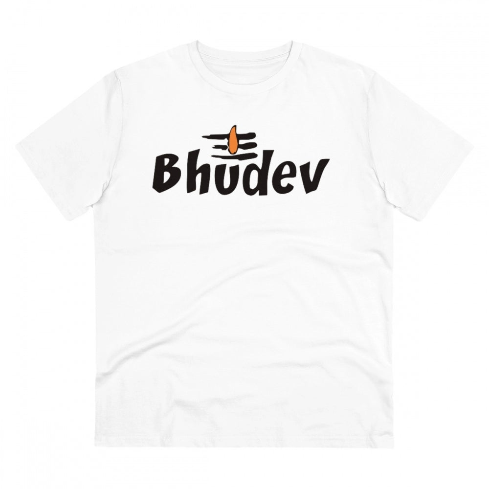 White PC Cotton Bhudev Printed Men's T-Shirt, half sleeve, round neck, 180GSM thread count for casual wear