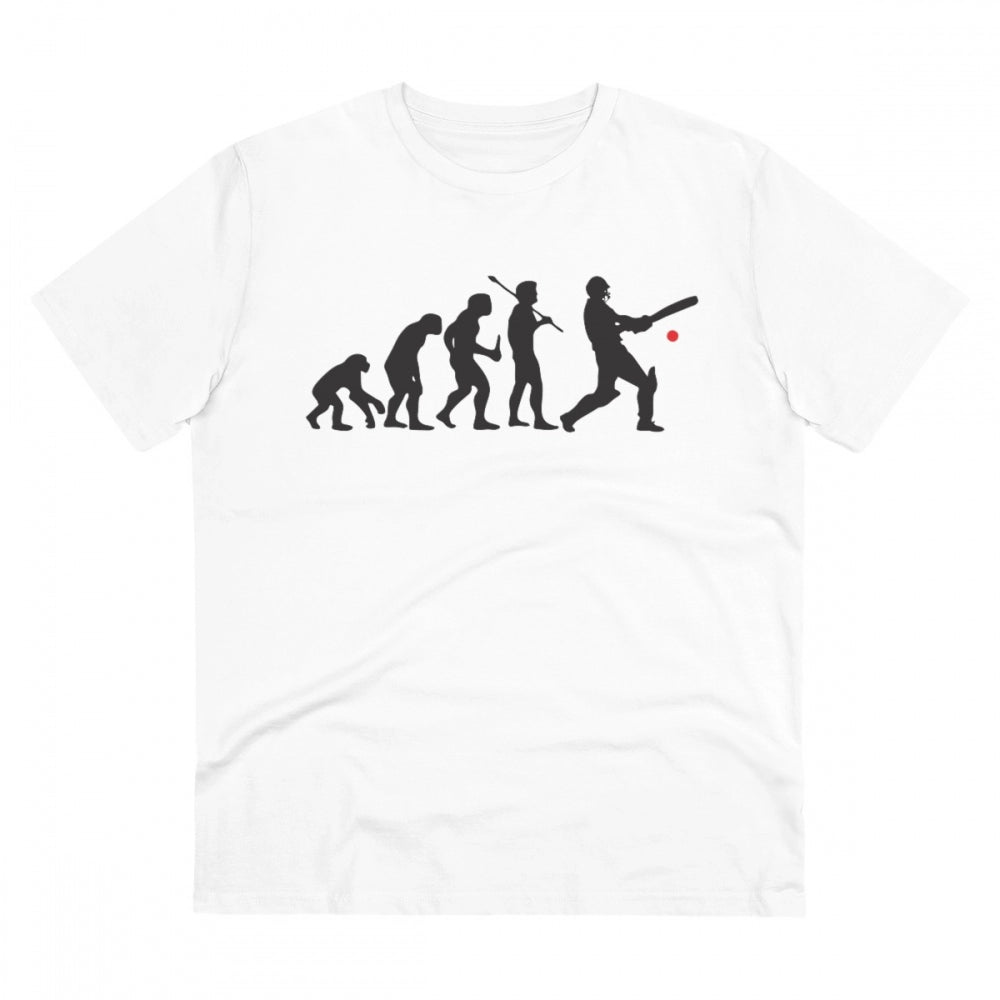 White PC cotton cricket design printed men's t-shirt, half sleeve with round neck, 180GSM thread count for casual occasions