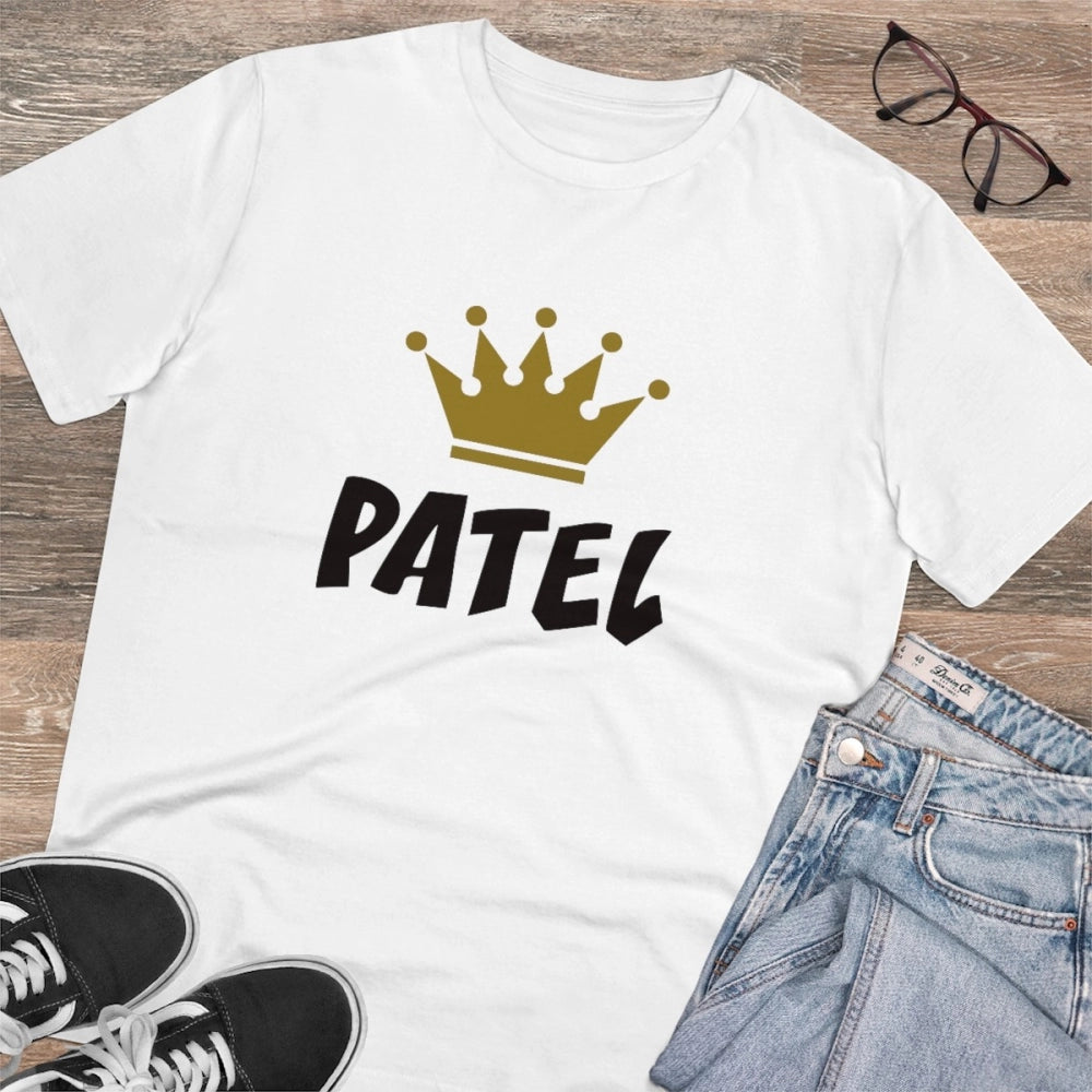 White PC Cotton Patel Printed Men's T-Shirt (180GSM), half sleeve round neck, casual occasion