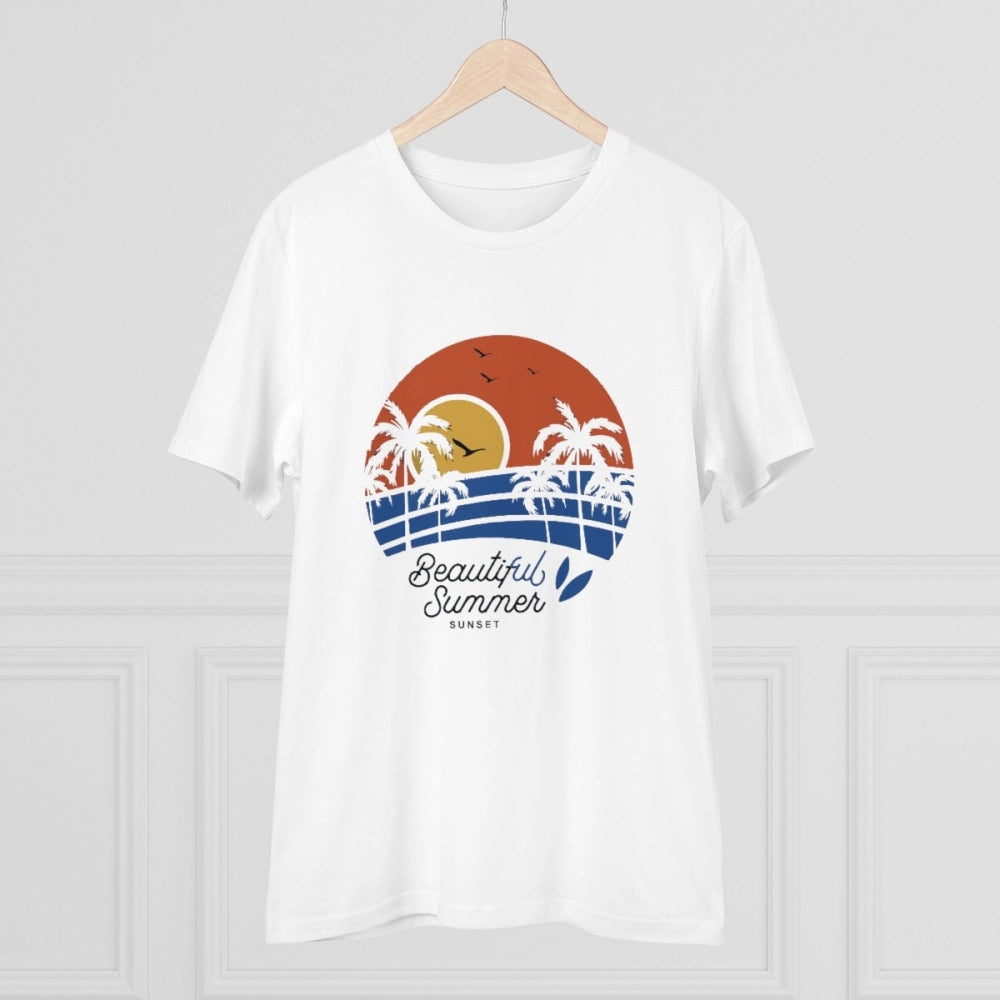 White PC Cotton Beautiful Summer Printed Men's T-Shirt (Half Sleeve, Round Neck, 180GSM) - Casual wear on display