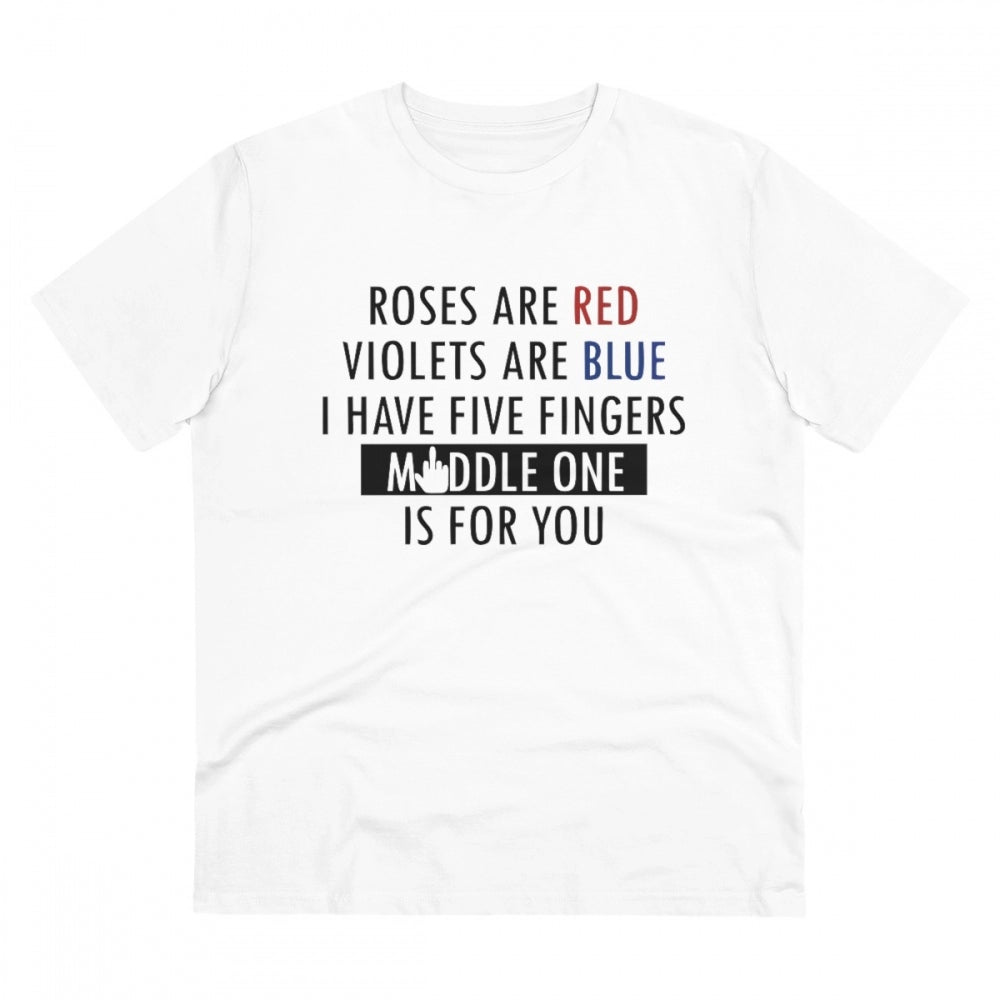White PC Cotton Men's T-Shirt with Roses Are Red print, half sleeve round neck design, 180GSM thread count for casual occasions