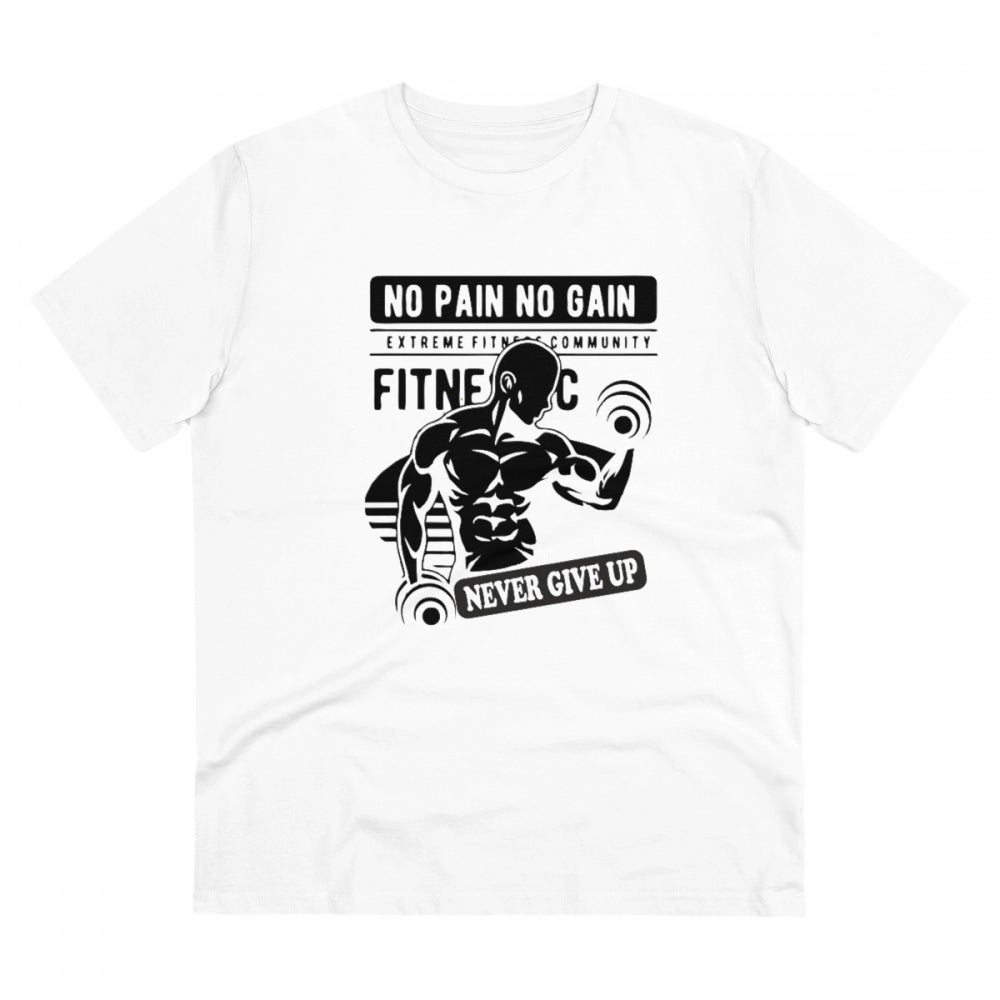 White PC cotton gym t-shirt with "No Pain No Gain Never Give Up" print for men's casual wear (180GSM thread count)