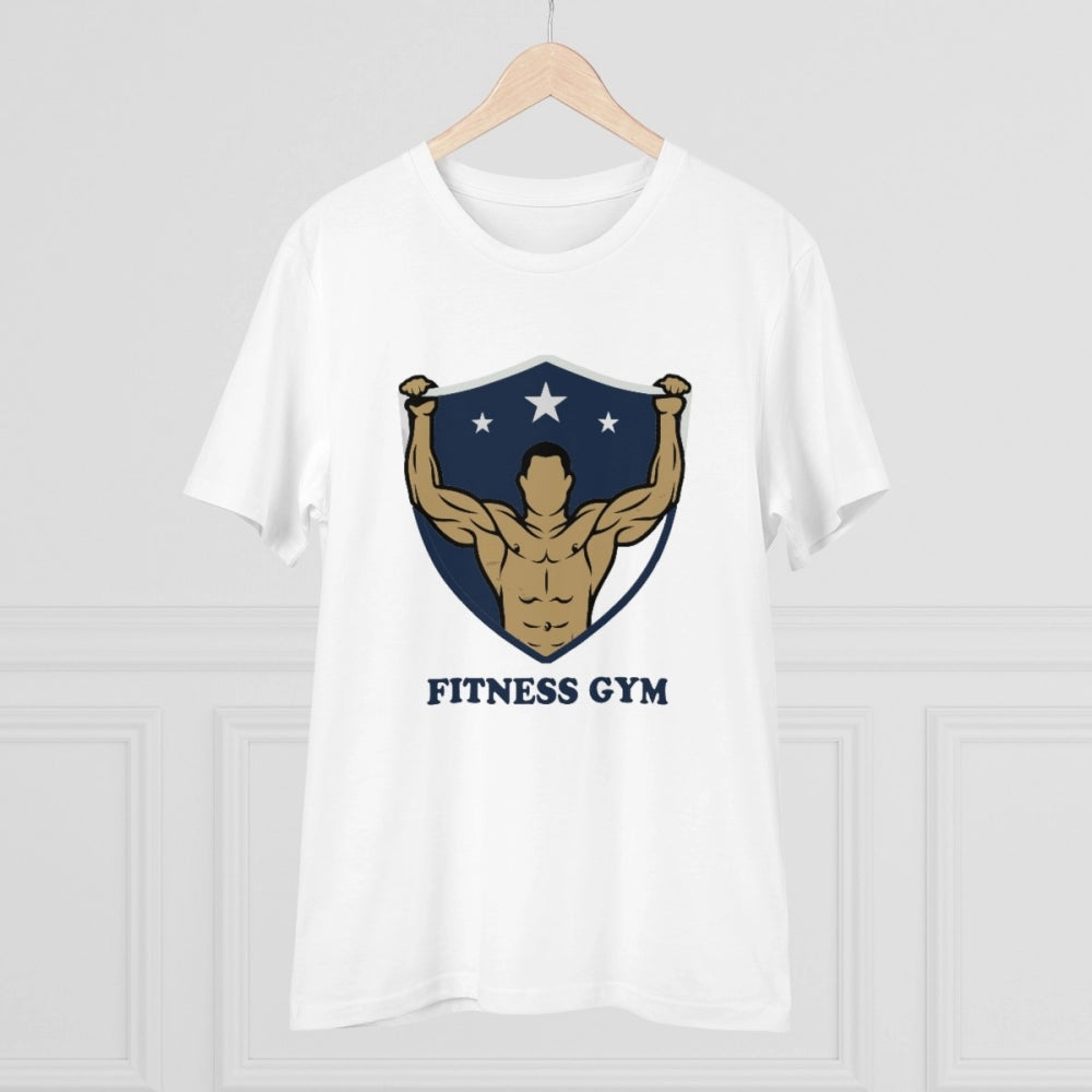 White PC Cotton Fitness Gym Printed T-Shirt (180GSM), men's casual gym wear on fitness mat