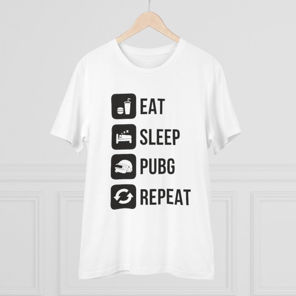 White PC Cotton Eat Sleep Pubg Repeat printed men's T-shirt (180GSM), half sleeve round neck, casual occasion
