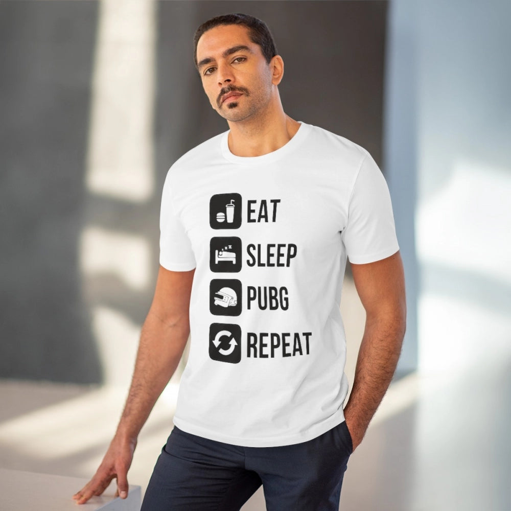 White PC Cotton Men's T-Shirt with Eat Sleep Pubg Repeat print, 180GSM thread count