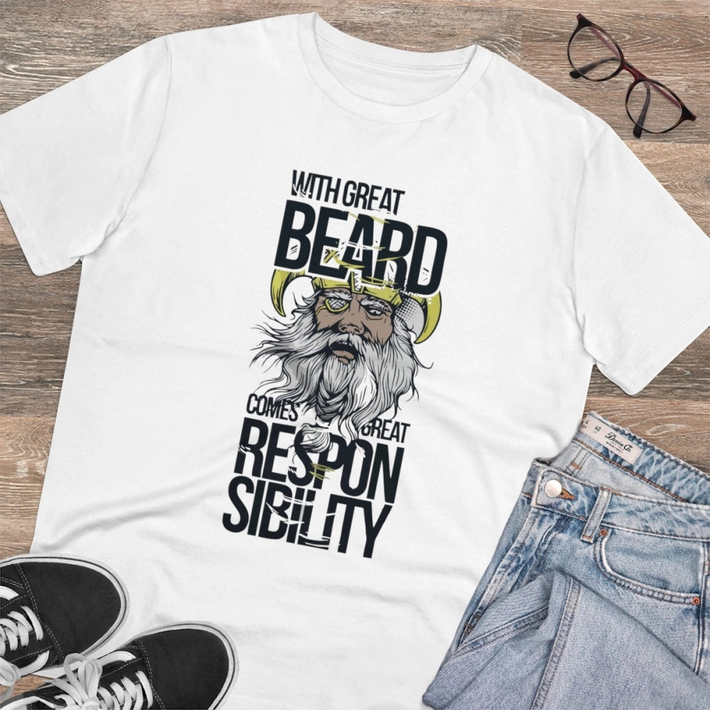 White PC Cotton "With Great Beard Comes" men's half-sleeve T-shirt, 180GSM thread count