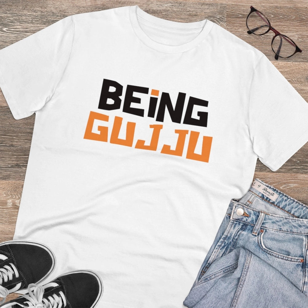 White PC Cotton Being Gujju Printed Men's T-Shirt (Half sleeve), casual occasion wear