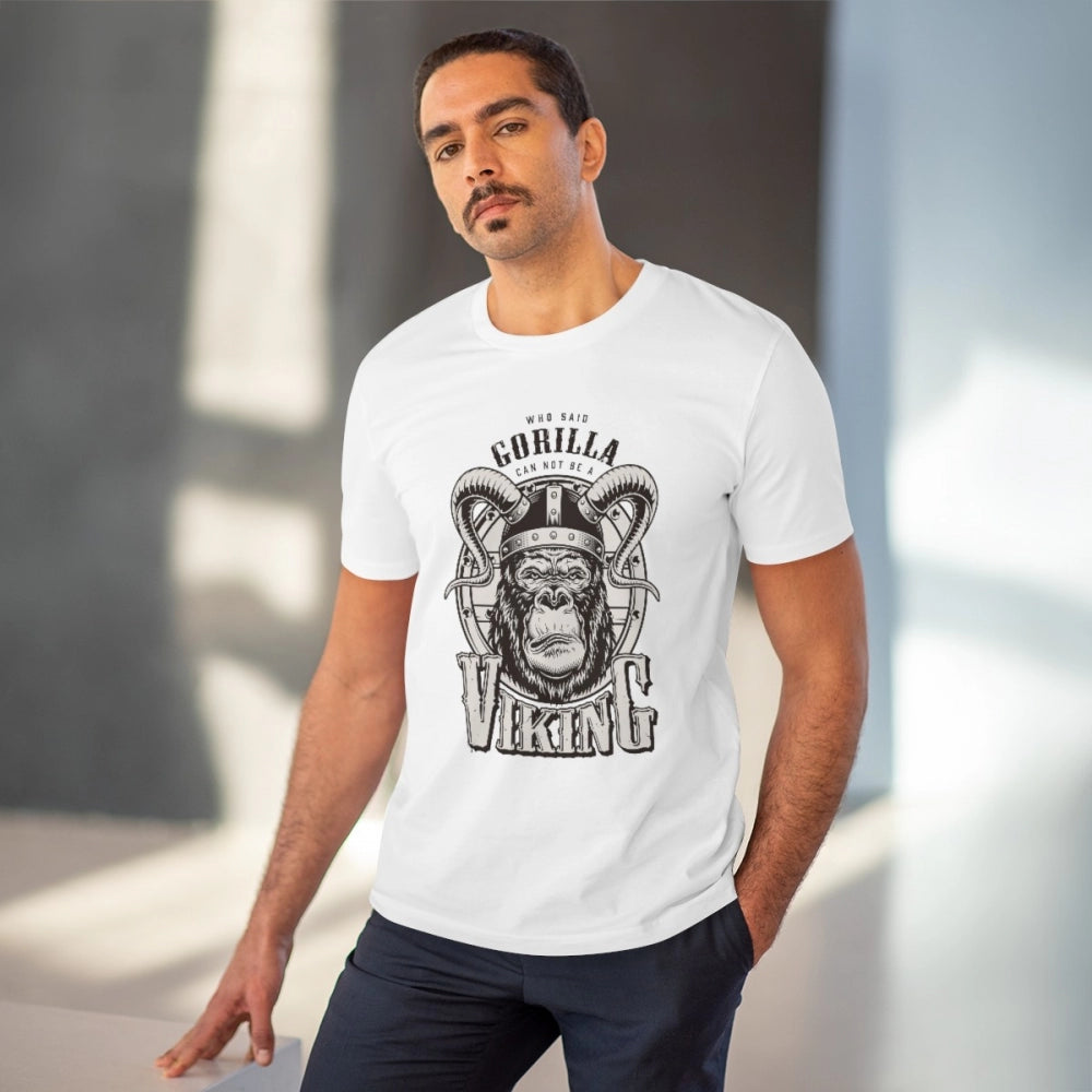White PC Cotton Gorilla Design Printed Men's T-Shirt, half sleeve, round neck, 180GSM thread count for casual occasions