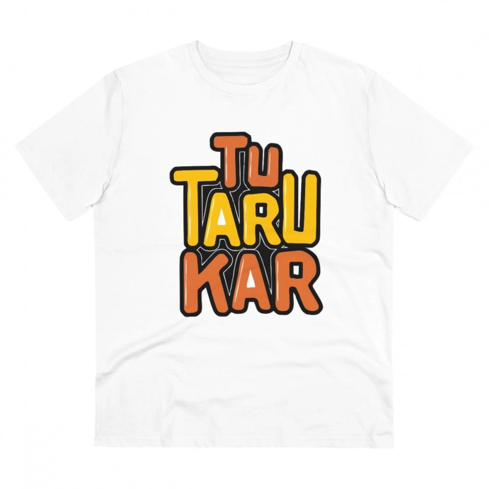 White PC Cotton Tu Taru Kar Printed T-Shirt (180GSM), men's casual wear with half sleeves on display