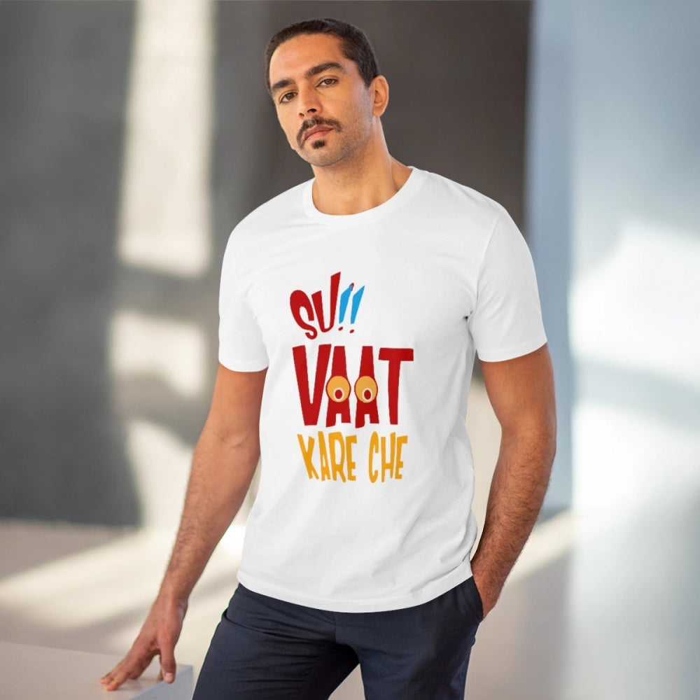 White PC Cotton Su Vat Kare Che Printed Men's T-Shirt with half sleeves on a casual occasion