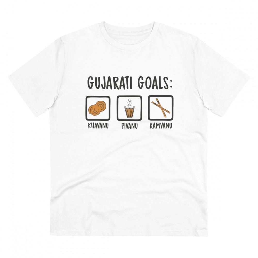 Men's PC Cotton Gujarati Goals Printed T Shirt (Color: White, Thread Count: 180GSM)