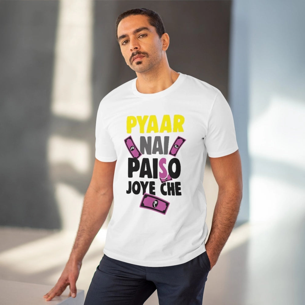 White PC Cotton Pyaar Nay Paisa Joy Che printed men's t-shirt, half sleeve with round neck, casual occasion