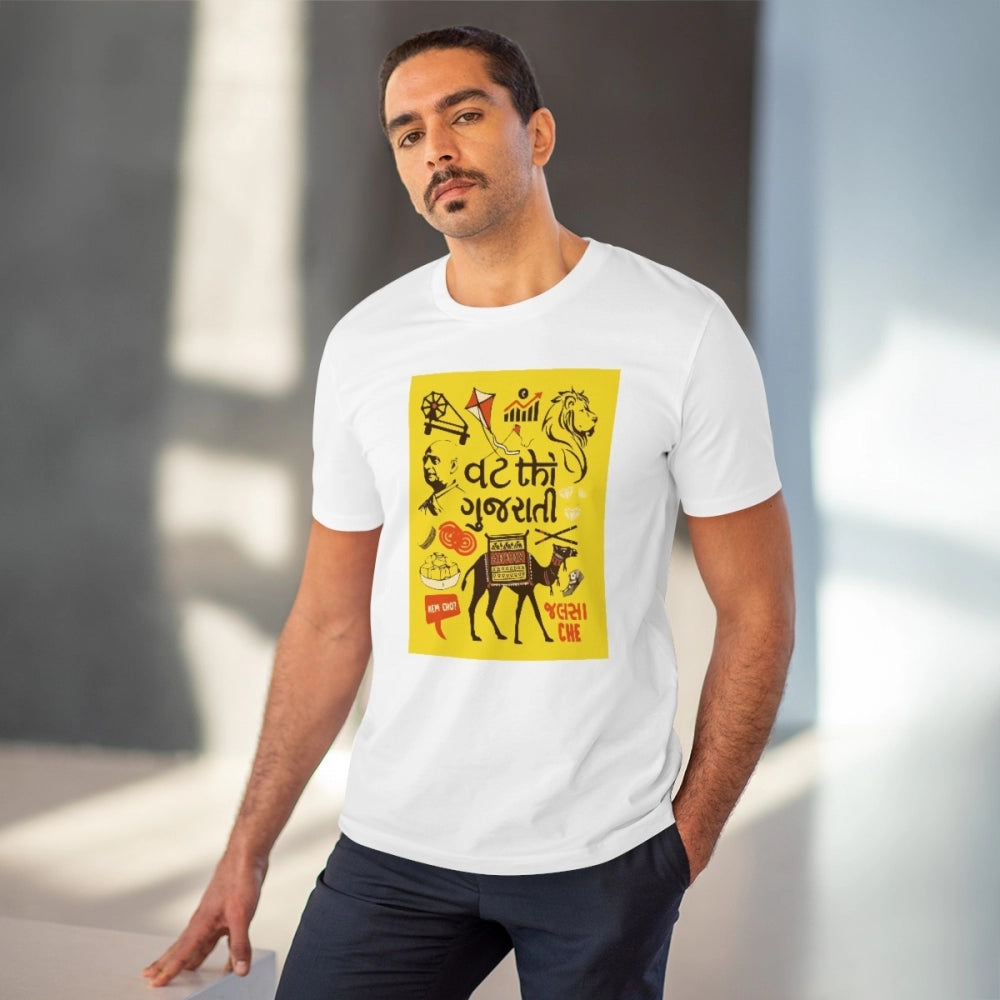 Men's white PC Cotton Vat Thi Gujarati Printed Half Sleeve T-Shirt (180GSM), round neck, casual wear
