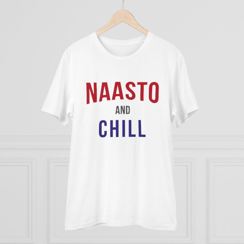 White PC Cotton Nasto And Chill Printed Men's T-Shirt (180GSM), casual wear on model