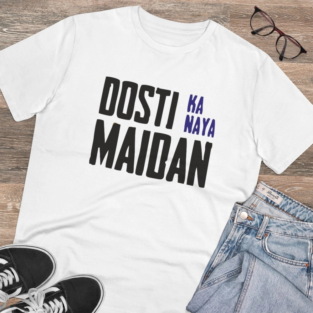 White PC Cotton Dosti Ka Naya Maidan Printed Men's T-Shirt (180GSM), half sleeve, round neck, casual occasion