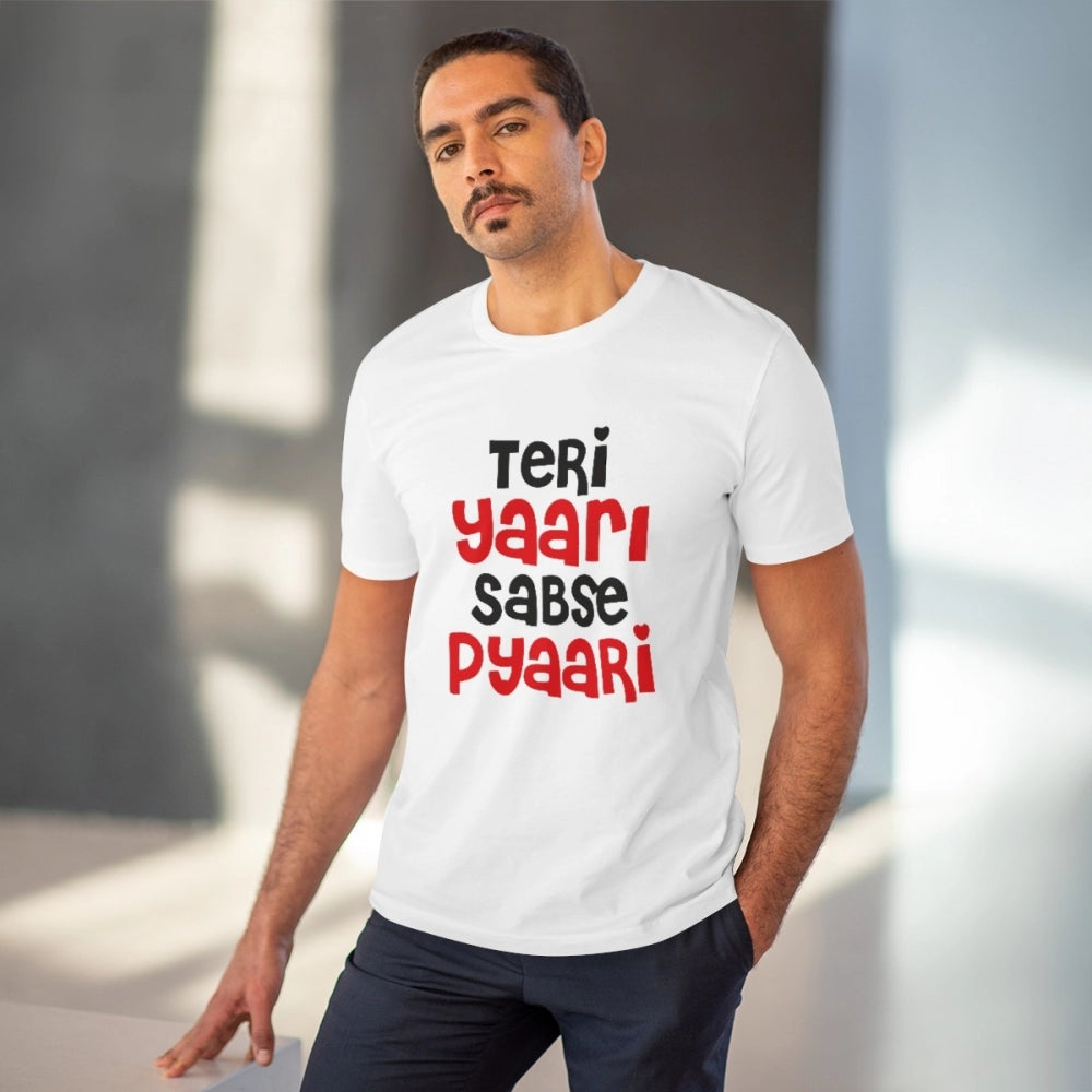 White PC Cotton Men's Teri Yaari Sabse Pyaari Half Sleeve T-Shirt (180GSM), casual wear on model