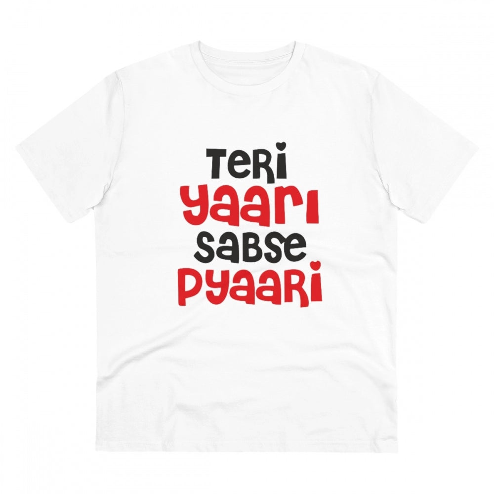 White PC Cotton Men's Teri Yaari Sabse Pyaari Printed Half Sleeve T-Shirt (180GSM) on man, casual occasion wear