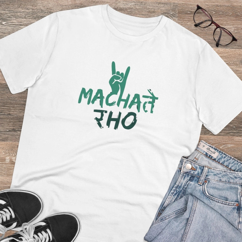 White PC Cotton Machate Raho Printed Men's T-Shirt (Half Sleeve, Round Neck) on casual wear