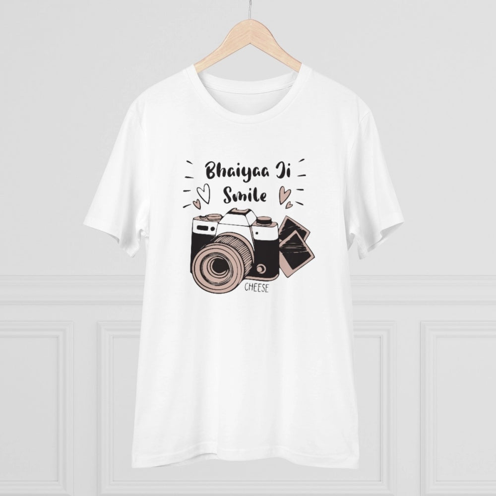 White PC Cotton Bhaiya Ji Smile Printed Men's T-Shirt (180GSM), half sleeve round neck casual wear