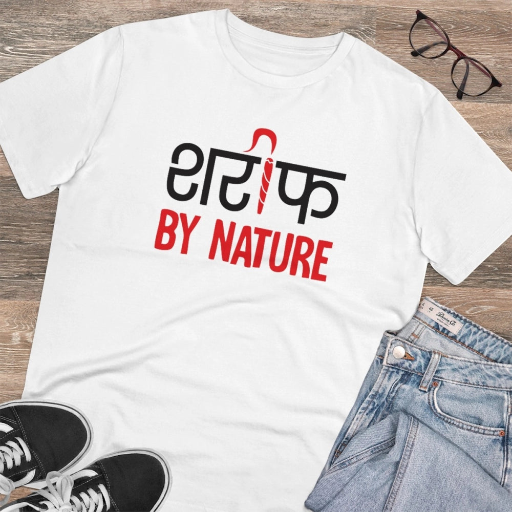 White PC Cotton Sarif By Nature printed men's t-shirt (half sleeve), round neck, 180GSM thread count for casual wear
