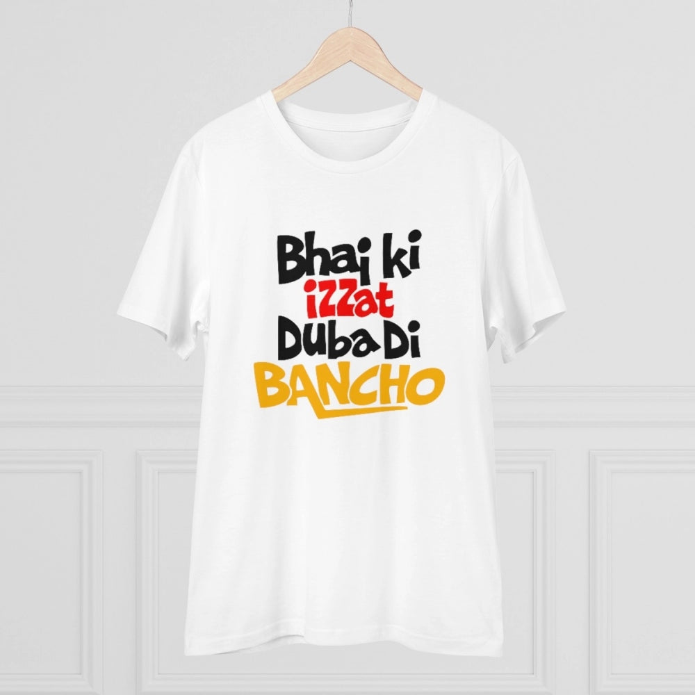 White PC Cotton Men's Bhai Ki Izzat Dubadi Bancho Printed Half Sleeve T-Shirt (180GSM)