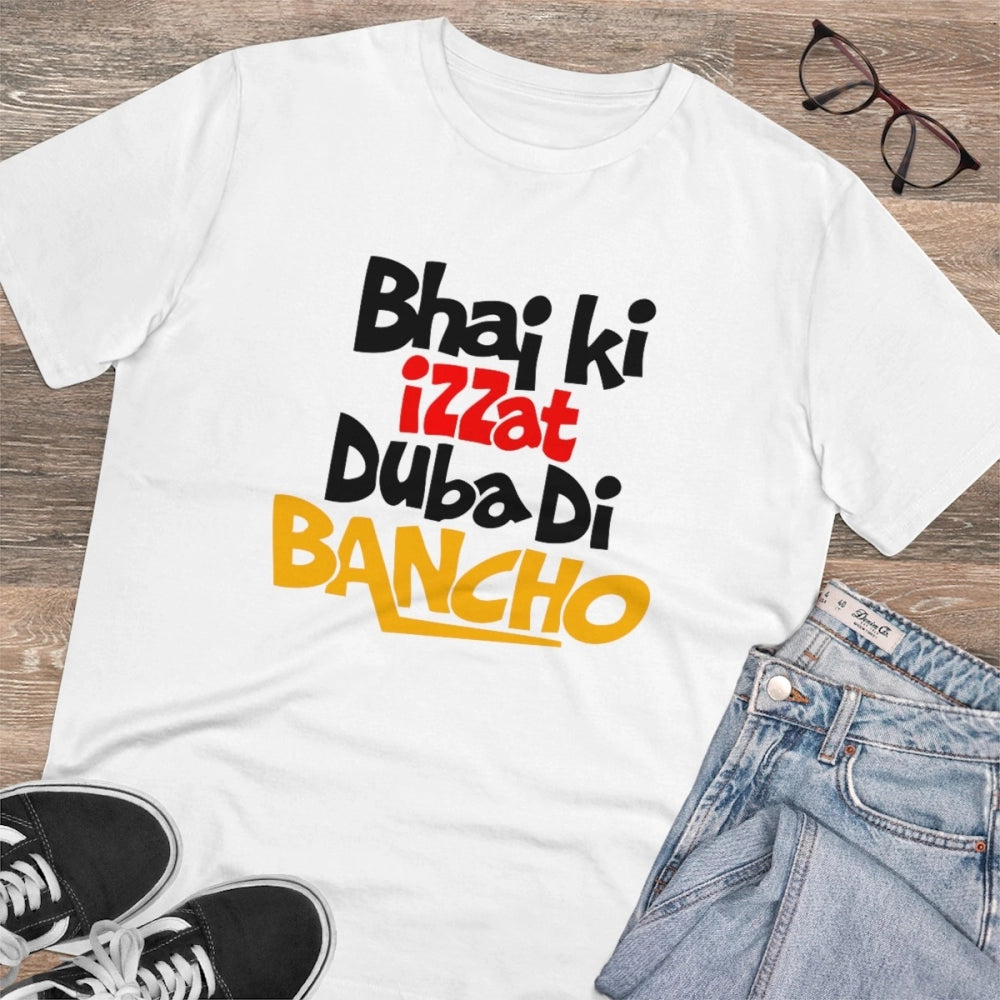 White PC Cotton Bhai Ki Izzat Dubadi Bancho Printed Men's T-Shirt with half sleeves, round neck on display stand