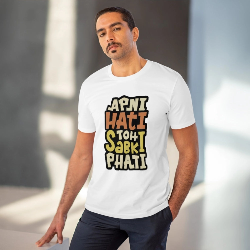 White PC Cotton Men's Apni Hati To Sabki Phati Printed Half Sleeve T-Shirt (180GSM), casual occasion wear