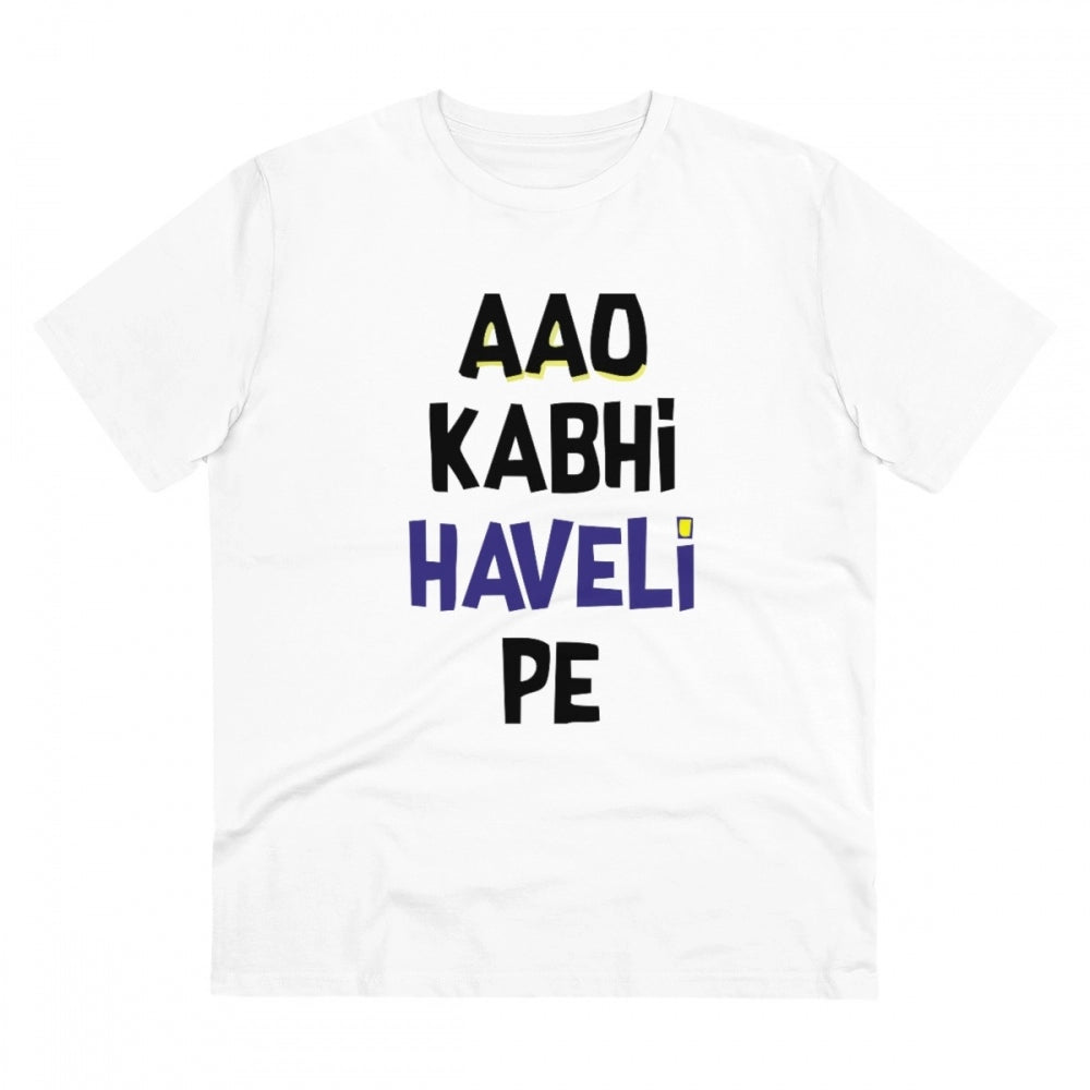 White PC Cotton Aao Kabhi Haveli Pe printed men's T-shirt with half sleeves, round neck design (180GSM) on clothing rack