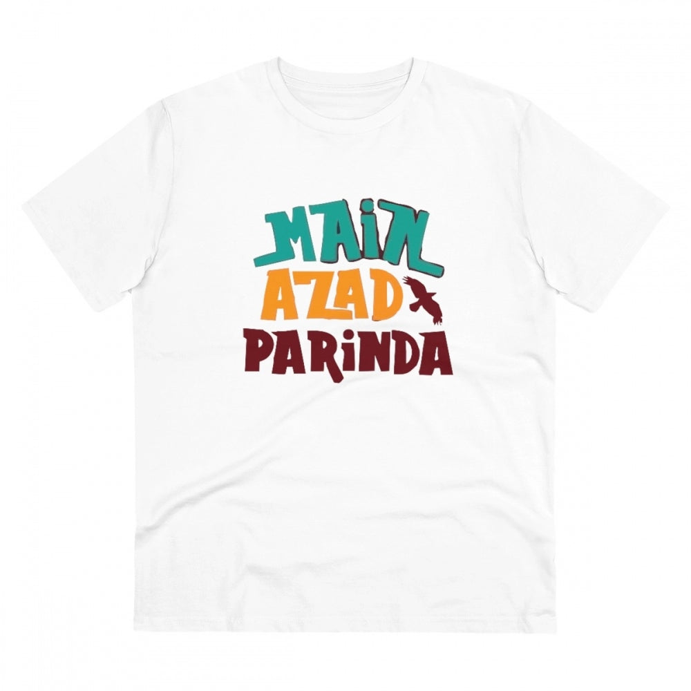 White PC Cotton Me Azad Parinda Printed Men's Half Sleeve T-Shirt (180GSM), casual wear on model