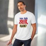 White PC Cotton Men's Tere Jeisa Yaar Kaha Printed Half Sleeve T-Shirt (180GSM), casual wear on model