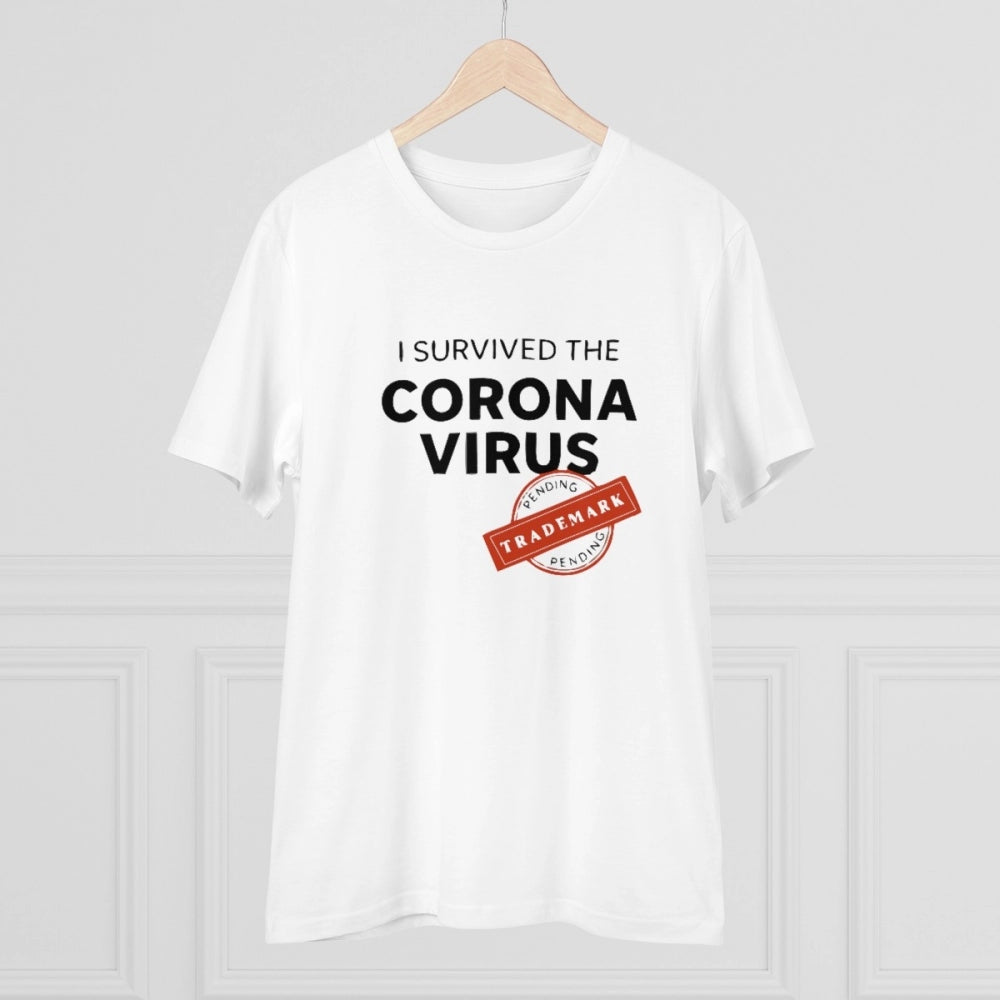 Men's white PC Cotton 'I Survived Corona Virus' printed half sleeve T-shirt, round neck, 180GSM thread count
