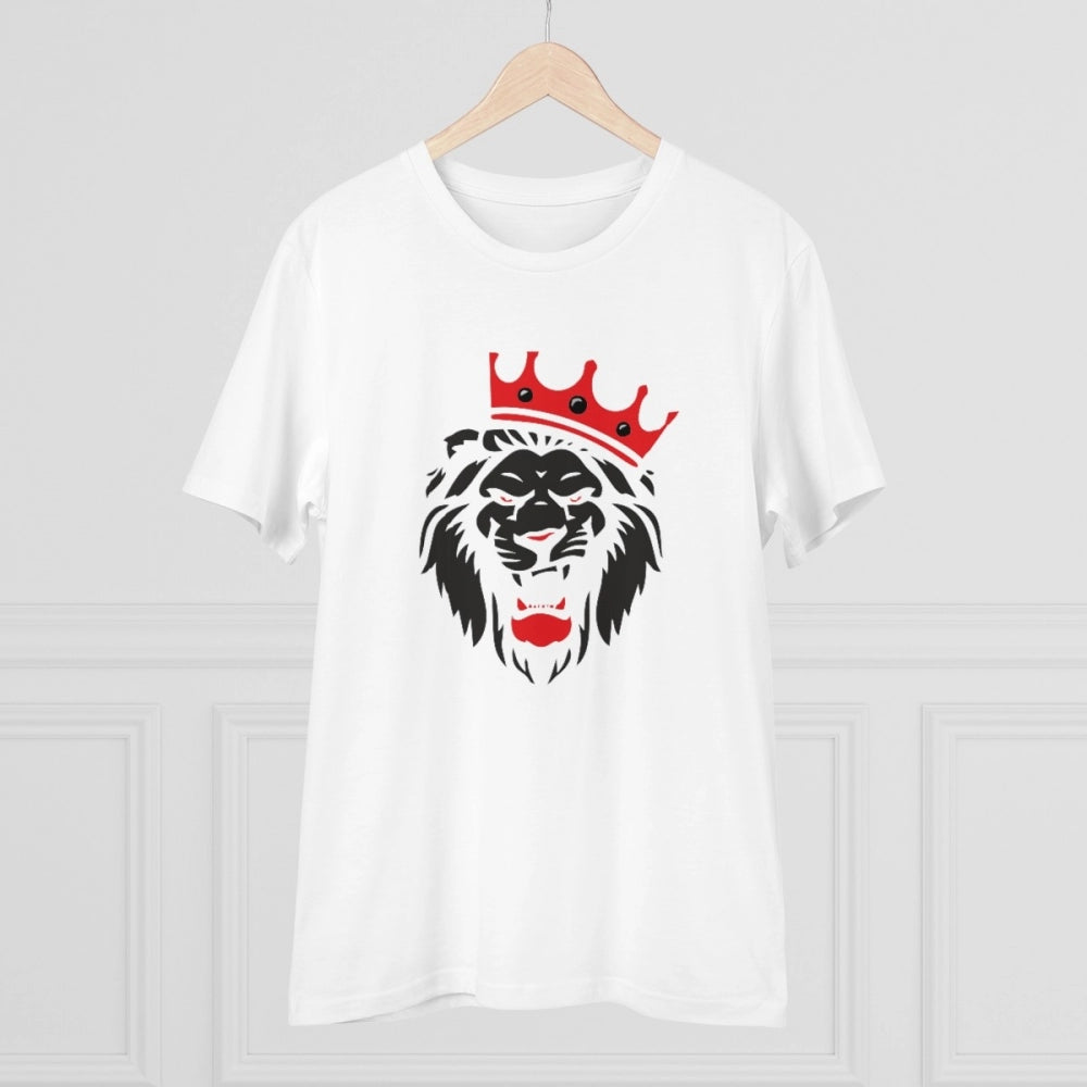 White PC cotton men's T-shirt with round neck and half sleeves, featuring a printed lion logo