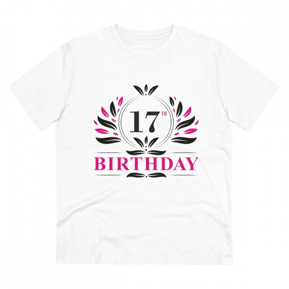 White PC Cotton Men's 17th Birthday Printed T-Shirt (Half Sleeve, Round Neck) on display