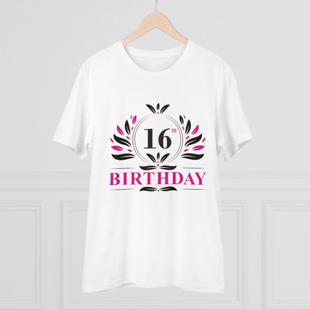White PC cotton men's 16th birthday printed half sleeve t-shirt with round neck, 180GSM thread count