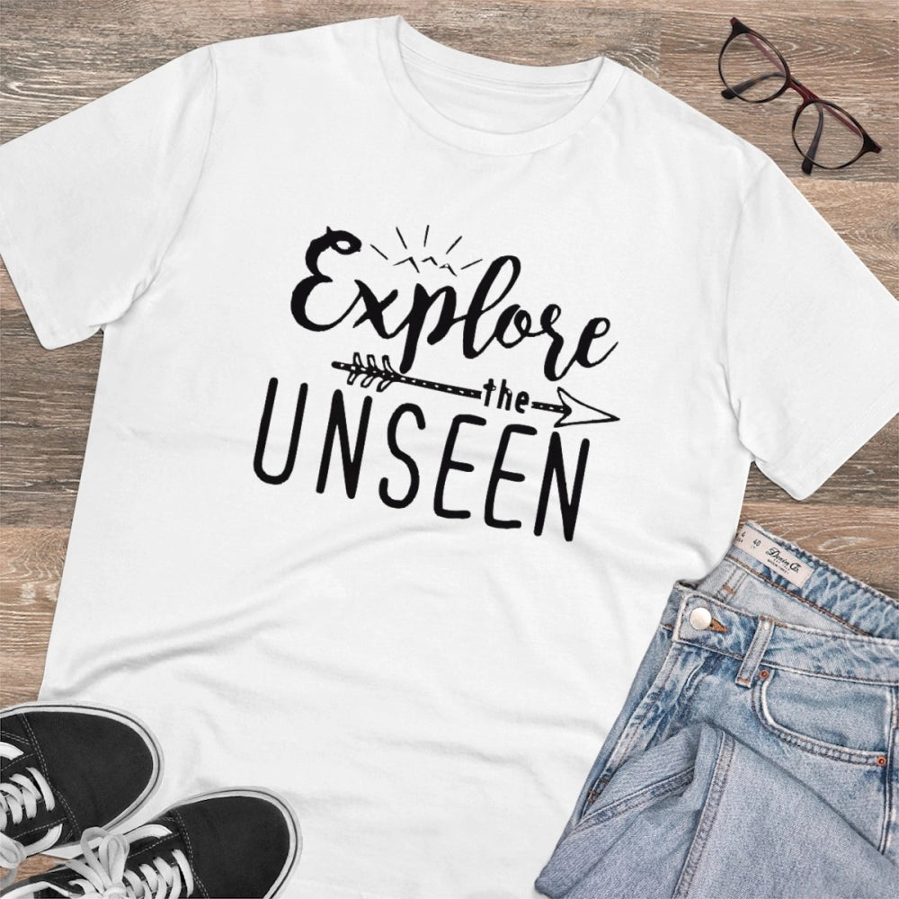 White PC Cotton Explore The Unseen men's half sleeve T-shirt (180GSM) for casual occasions
