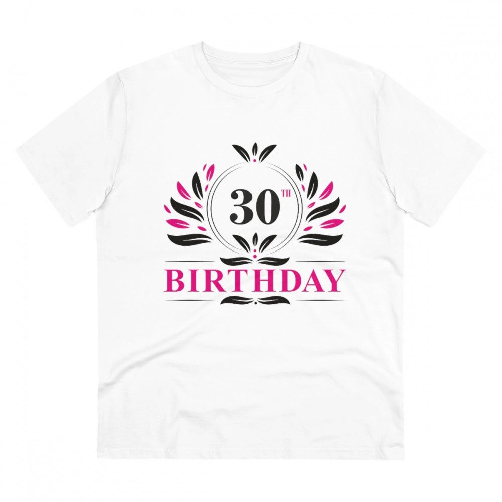 White PC Cotton Men's 30th Birthday Printed T-Shirt (Half sleeve, Round neck) on display